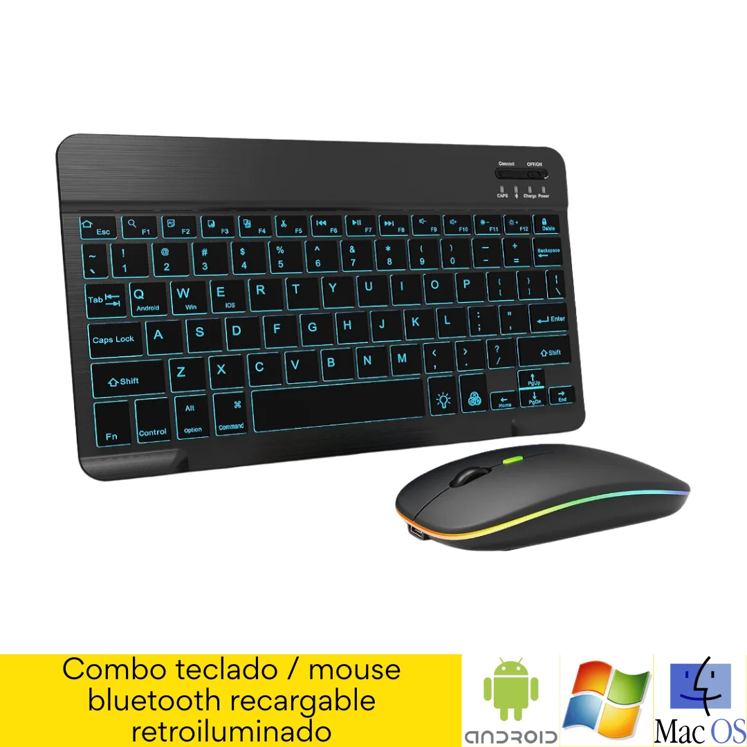 Combo Teclado / Mouse / Bluetooth / Recargable / Retroiluminado / Inglés / Android / Wndows / Macos